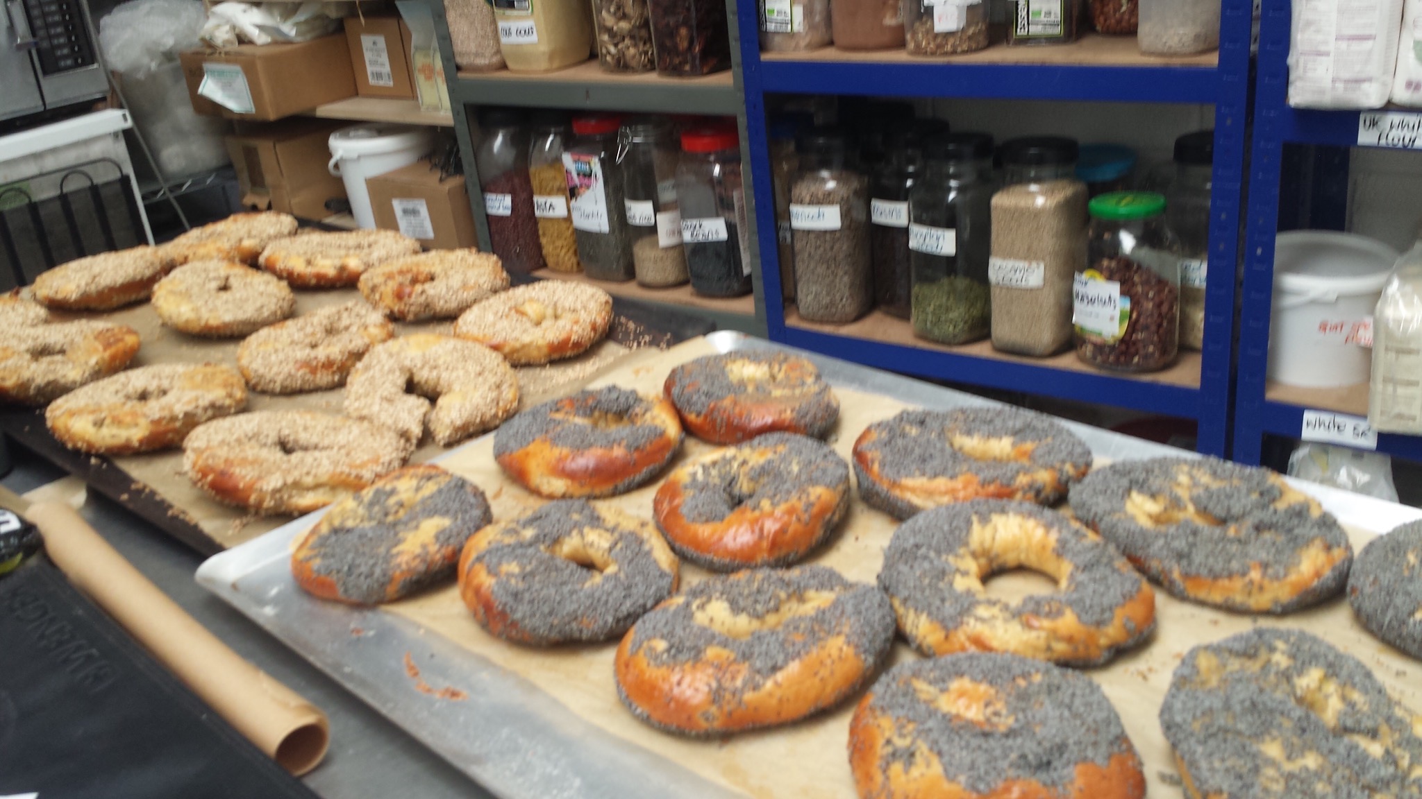 2 trays of freshly baked bagels covered in poppy and sesame seeds sitting in front of jars of cooking ingredidents